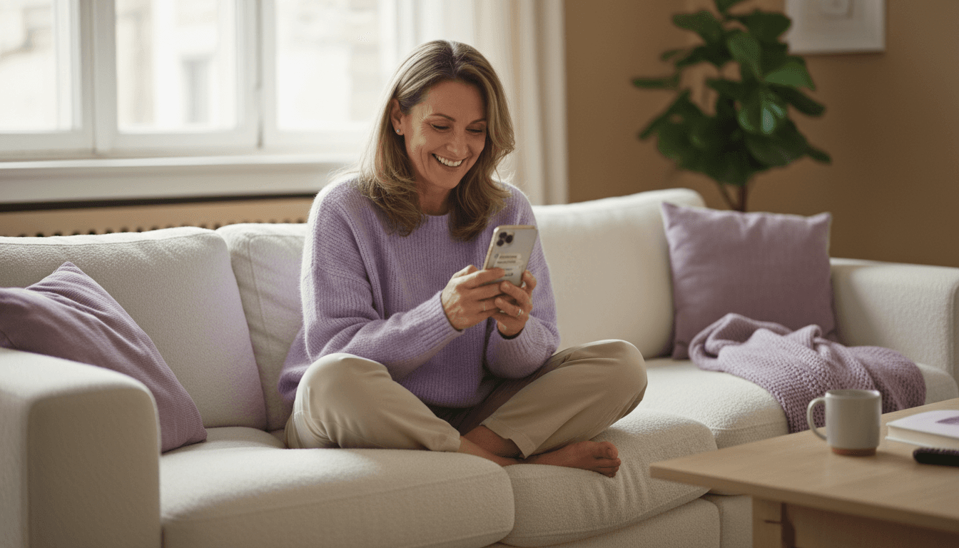 Woman smiling while chatting with her AI companion